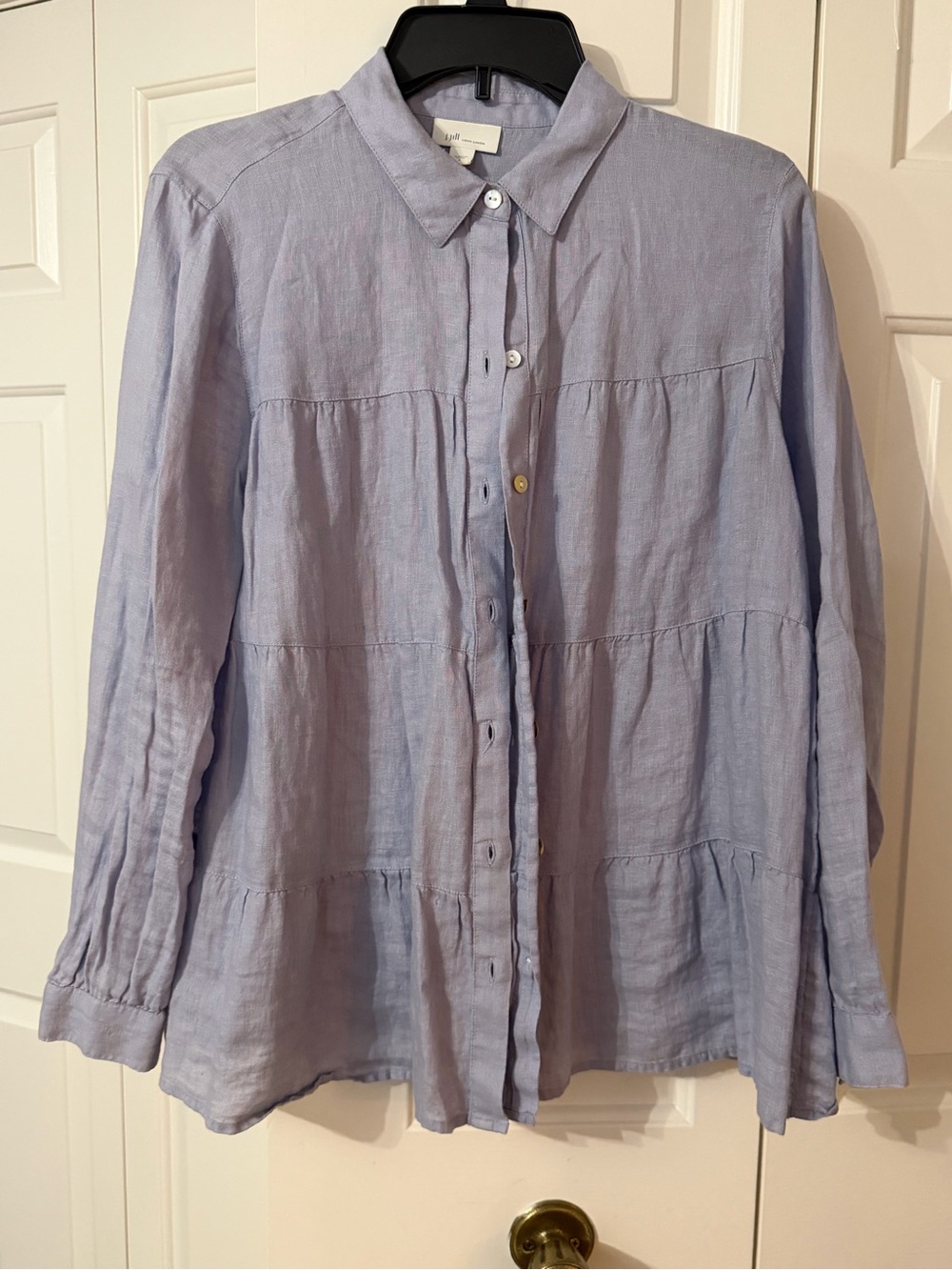 J. Jill Light Blue Tiered Linen-Blend Button Down Shirt